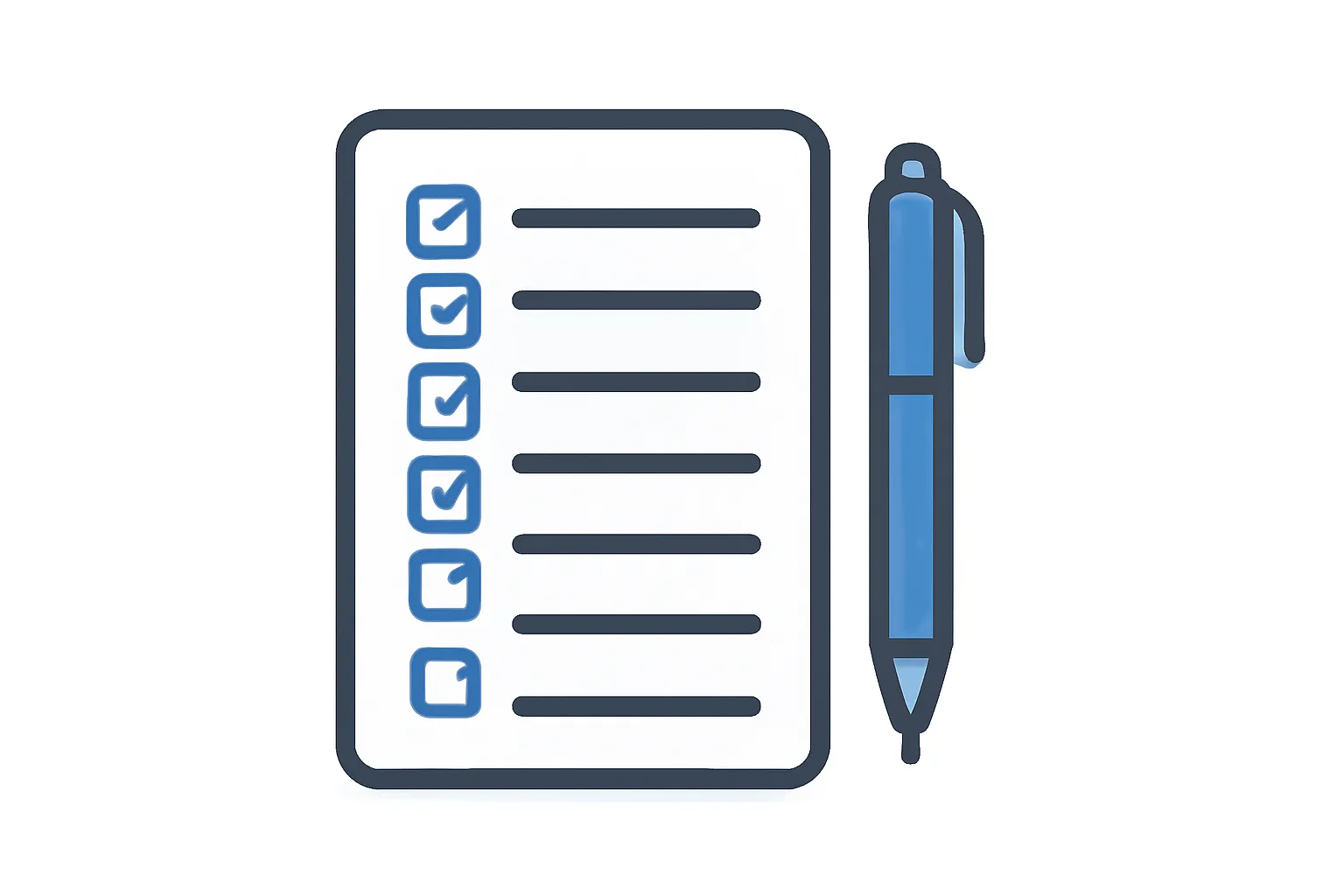 Flat illustration of a long vertical checklist with checkmarks in sky-blue showing progress through California divorce forms