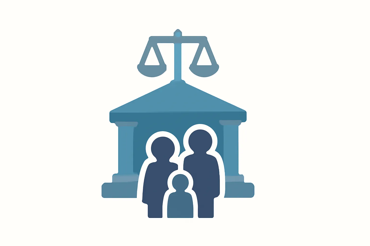 Flat illustration of a courthouse with a family silhouette and scales of justice representing California family law