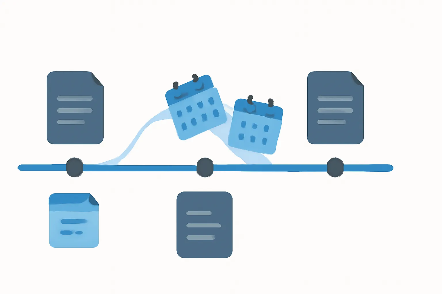 Flat illustration of a horizontal timeline with milestone markers and document icons showing the 6-12 month California divorce process