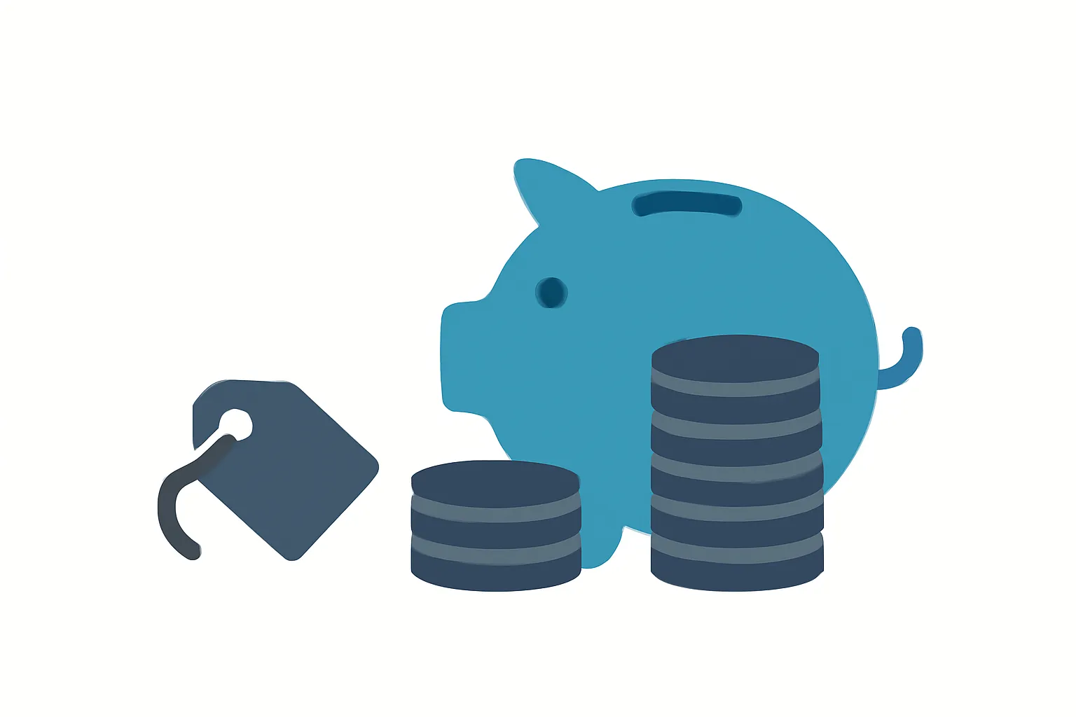 Flat illustration of a piggy bank next to stacked coins showing cost comparison between small and large expense piles for DIY versus attorney divorce
