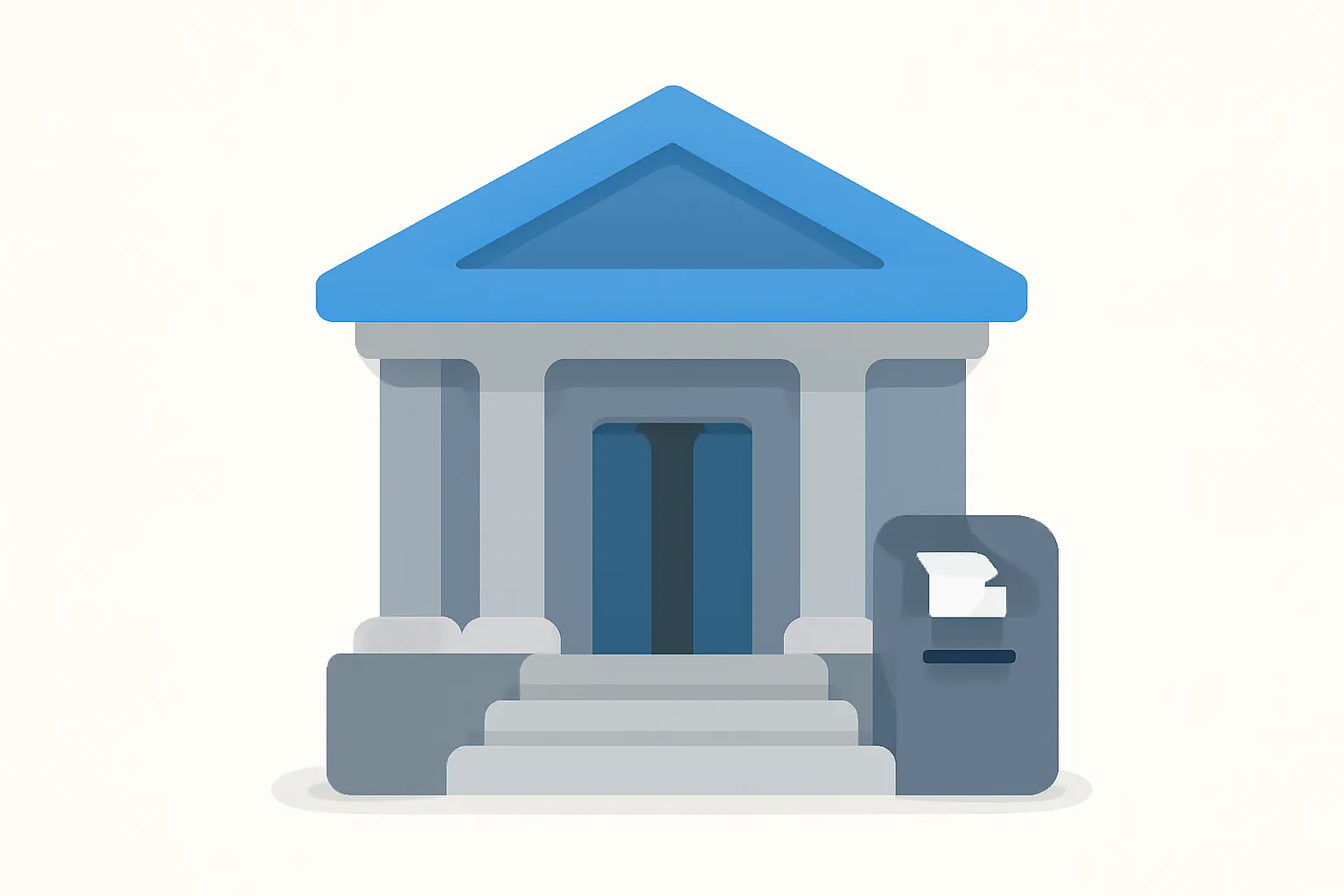Flat illustration of a welcoming courthouse building with open doors, steps, and a document drop-box for DIY divorce filing