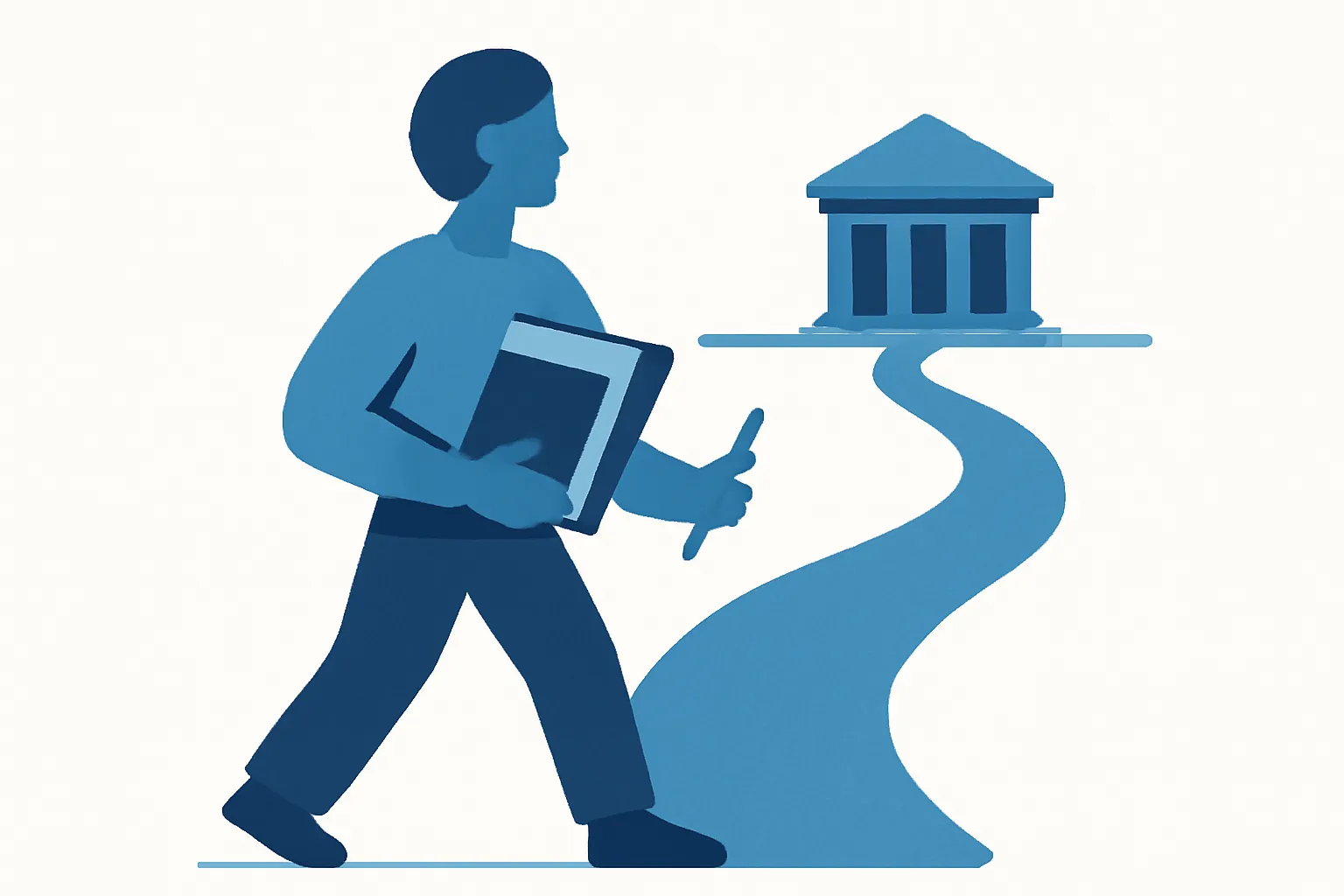 Illustration of a person confidently holding documents with a clear path leading to a courthouse, representing DIY divorce empowerment