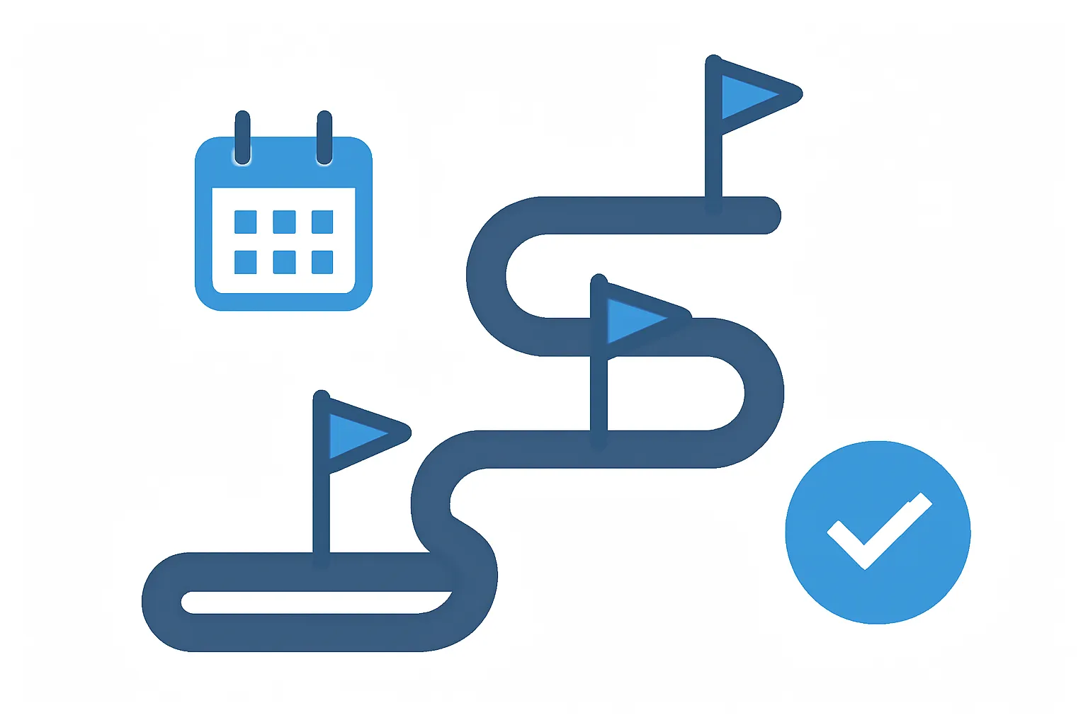 Flat illustration of a winding road from start to finish with milestone flags showing the DIY divorce timeline journey