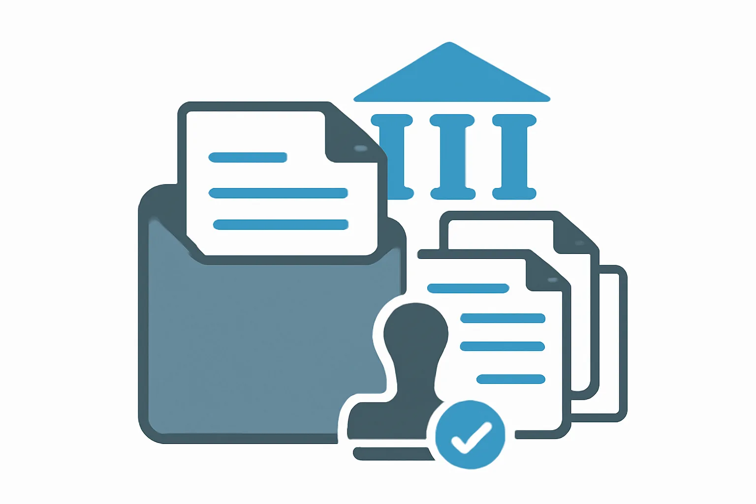 Flat illustration of courthouse filing with manila envelope, document copies, and court stamp for FL-150 submission