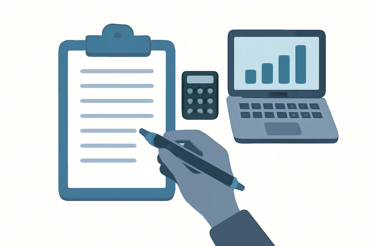 Flat illustration of filling out the FL-150 Income and Expense Declaration with clipboard, calculator, and laptop