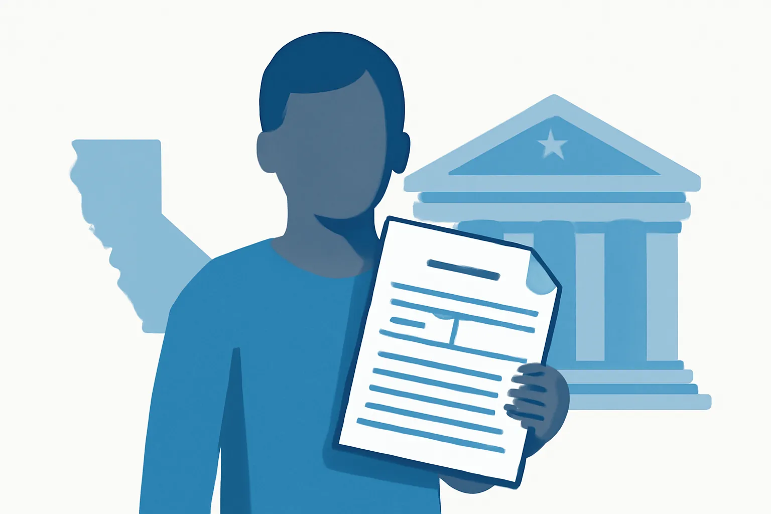 Illustration of a person confidently holding an FL-150 court form with a California courthouse in the background