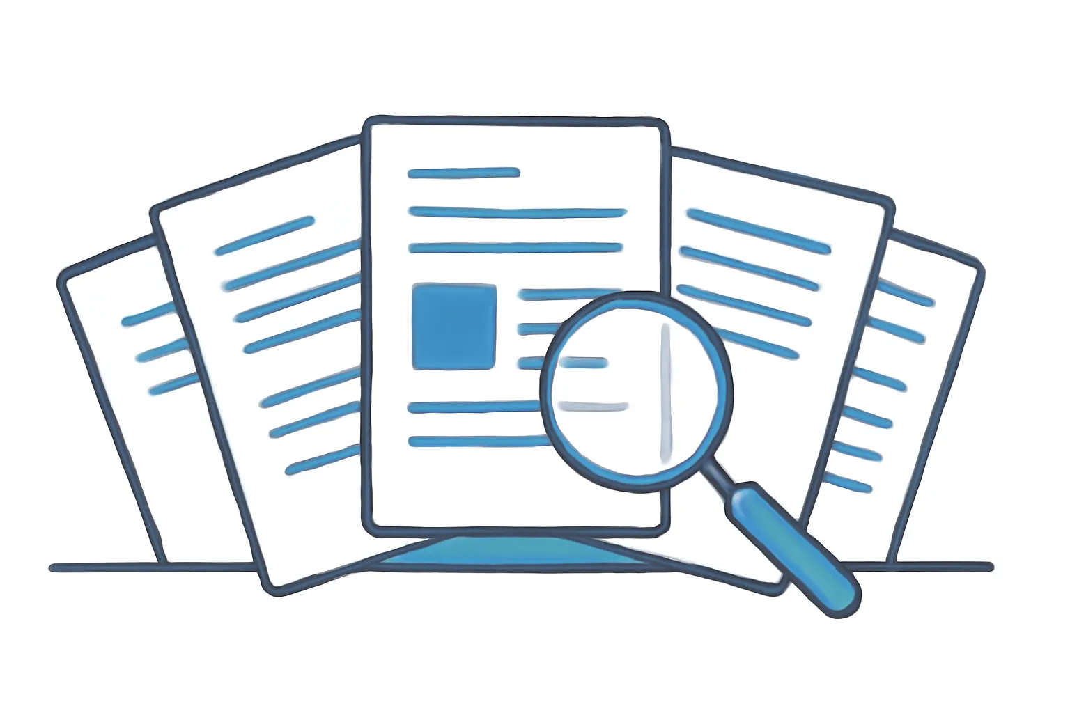 Illustration of a four-page FL-150 form spread out showing different sections with a magnifying glass