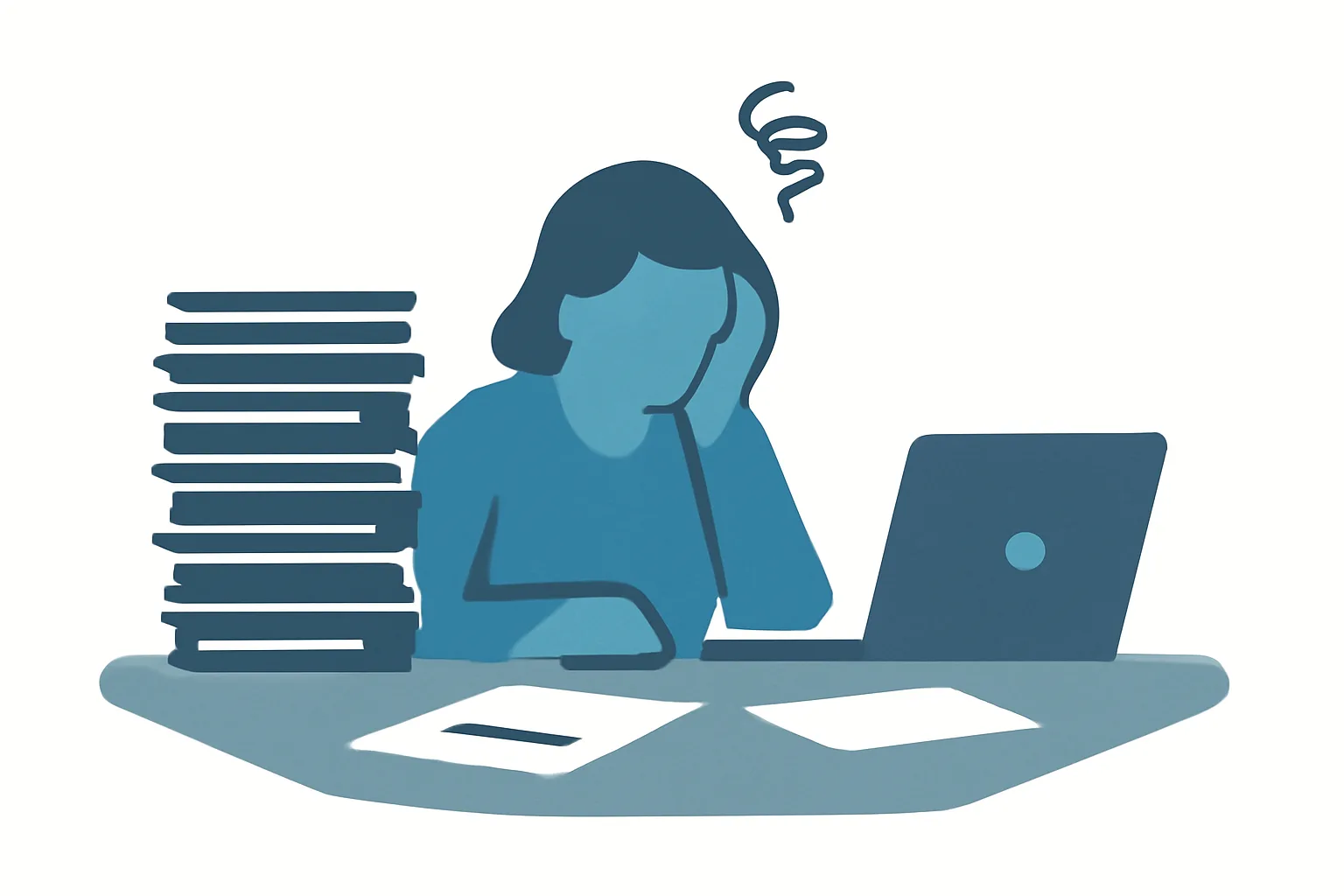 Illustration of a person stressed out by divorce paperwork at a desk with stacked documents and laptop