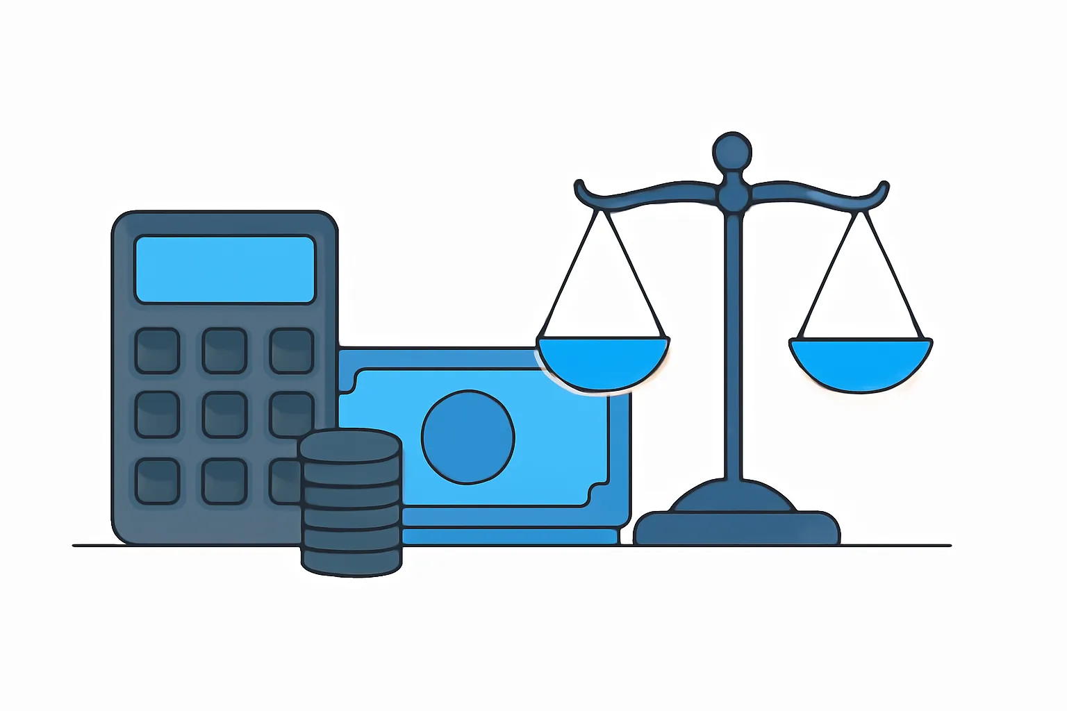 Illustration of a calculator next to money and balanced scales of justice representing support calculations
