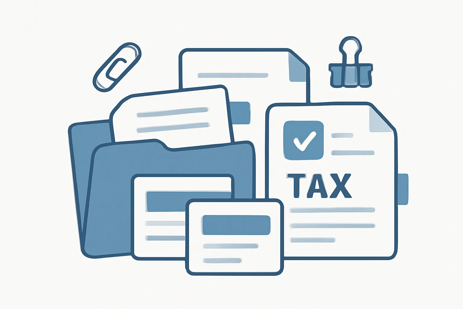 Flat illustration of organized tax returns, pay stubs, and financial documents needed for FL-150 filing