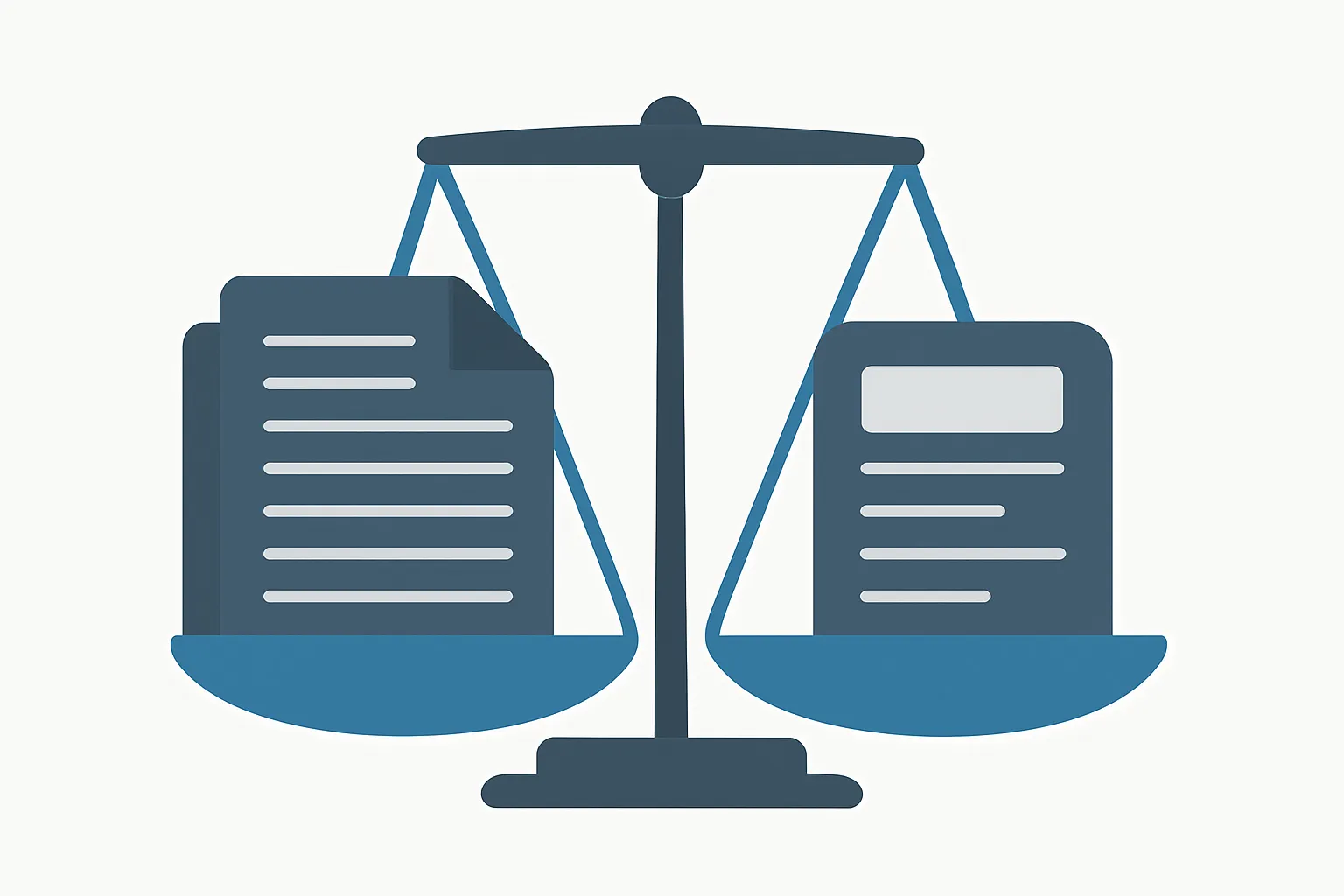 Flat illustration showing split-screen comparison of a detailed multi-page form versus a simplified single-page form with a balance scale