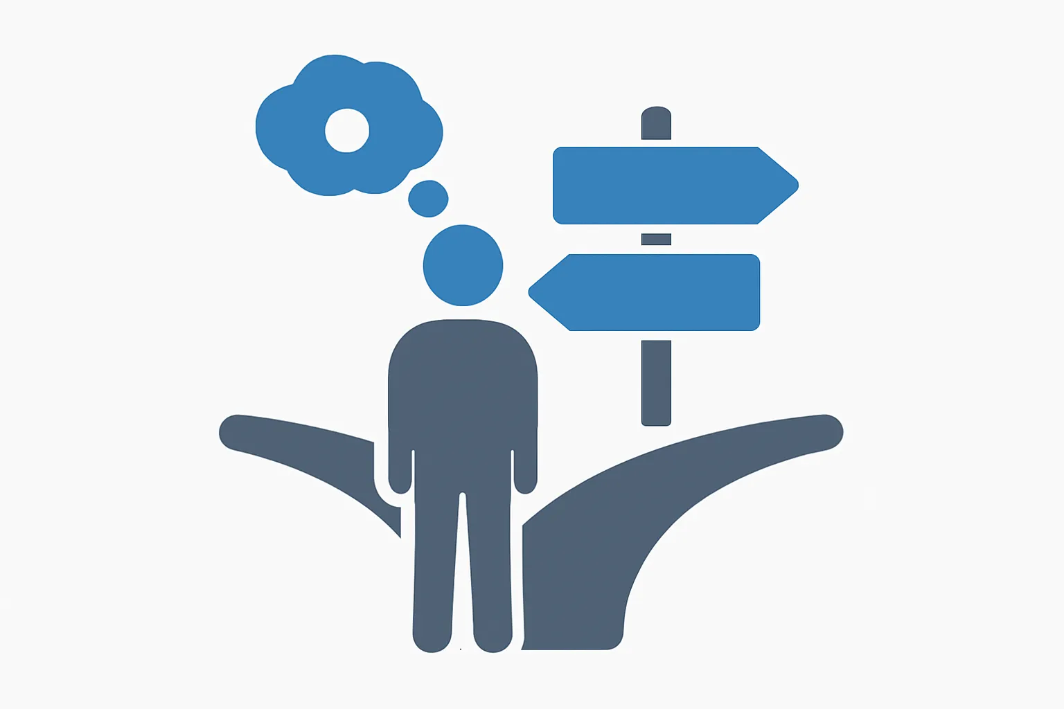 Flat illustration of a person at a fork in a path with two directional signs representing the FL-150 and FL-155 decision