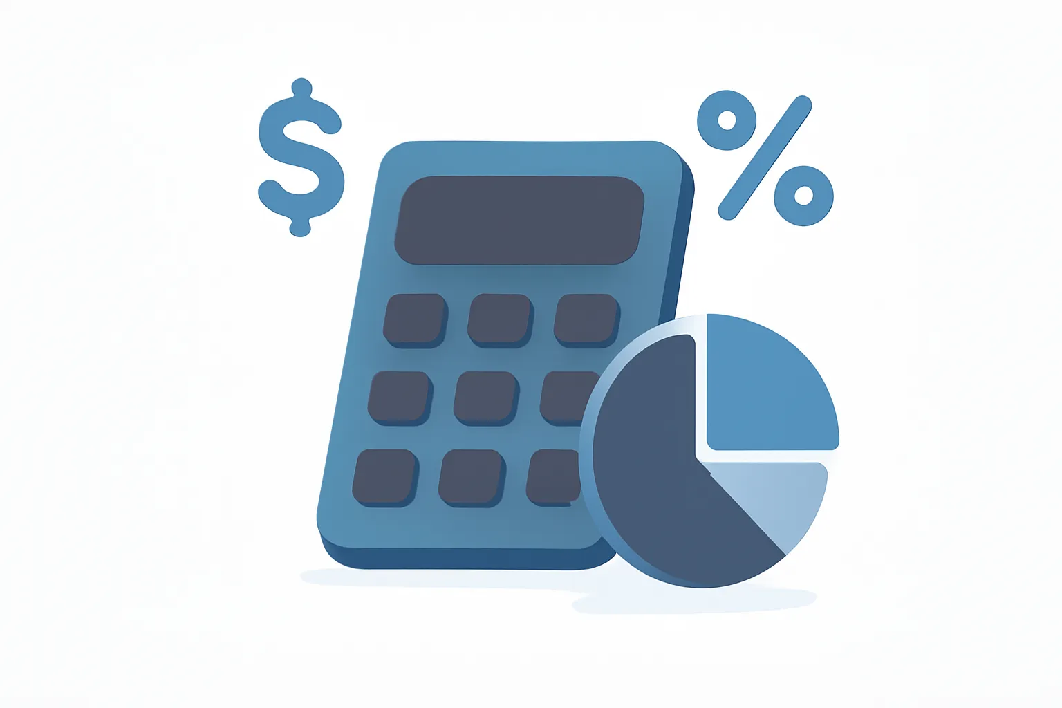 Flat illustration of a calculator with floating dollar signs and a budget pie chart for income and expense calculations