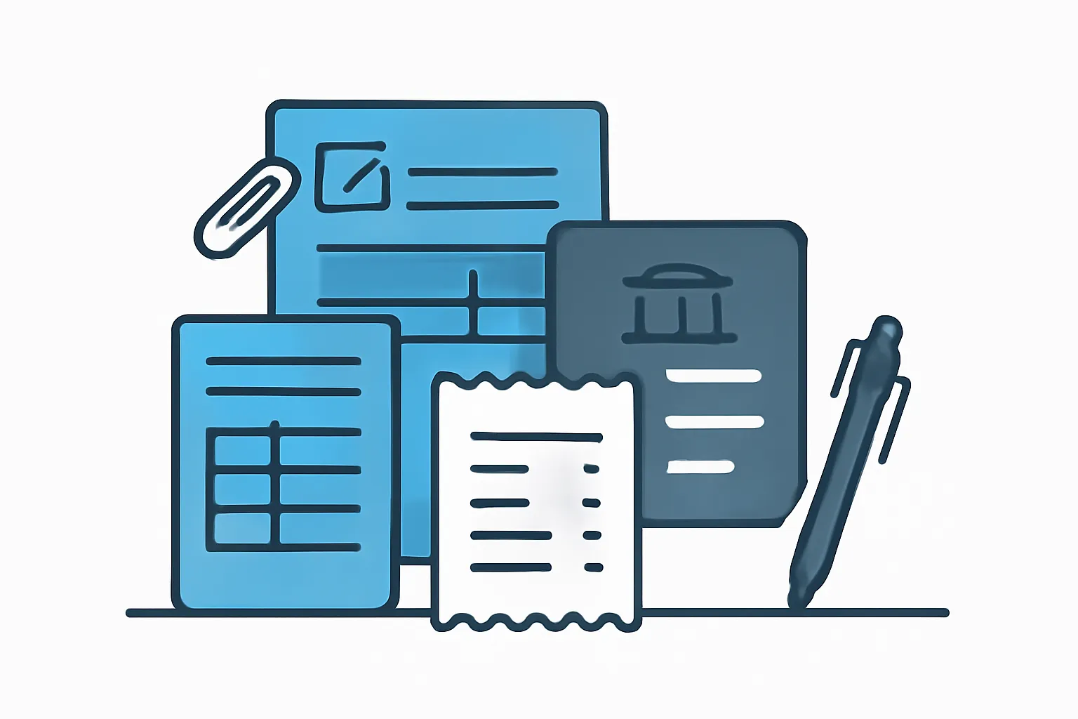 Flat illustration of organized financial documents including tax returns, pay stubs, and bank statements needed for income and expense declaration