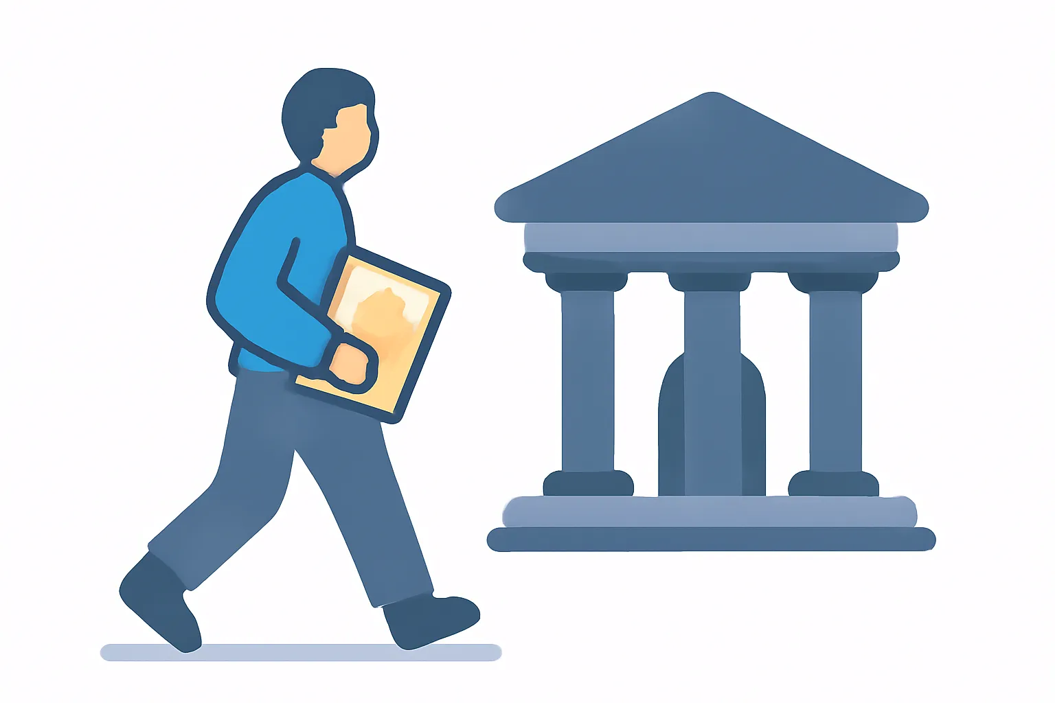 Flat illustration of a person walking toward a courthouse carrying a manila envelope with financial declaration documents