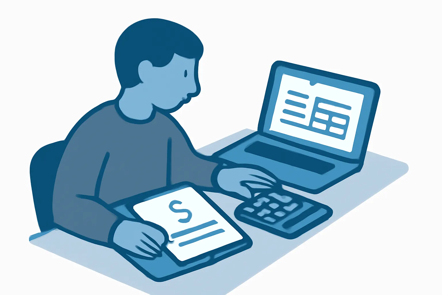 Illustration of a person at a desk reviewing financial documents with calculator and laptop for California income and expense declaration